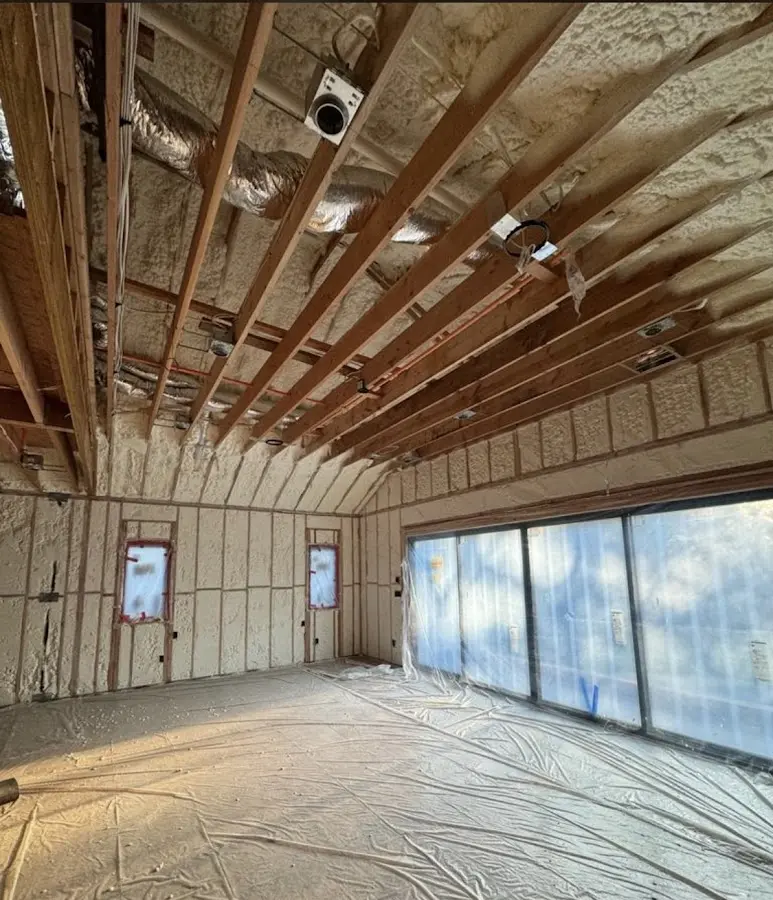 Interior walls and ceiling insulated with spray foam during new construction in Milton-Freewater
